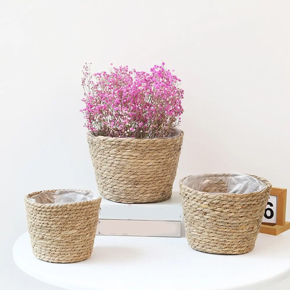 S/M/L Straw Weaving Flower Plant Pot Handmade Decorative Grass Woven Planter Basket Leakproof Flower Basket Office