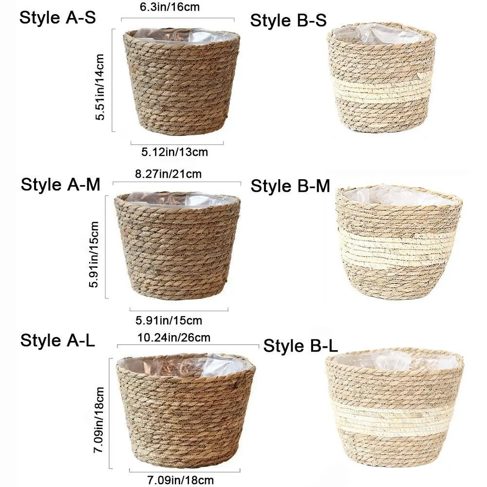 S/M/L Straw Weaving Flower Plant Pot Handmade Decorative Grass Woven Planter Basket Leakproof Flower Basket Office
