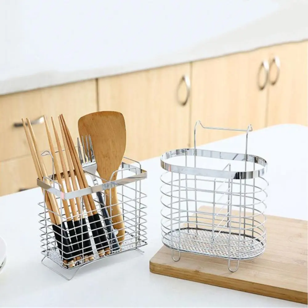 Metal Stainless Steel Chopsticks Cage Internal Compartment Rectangular Tableware Tube Draining Wall Mounted Cutlery Holder