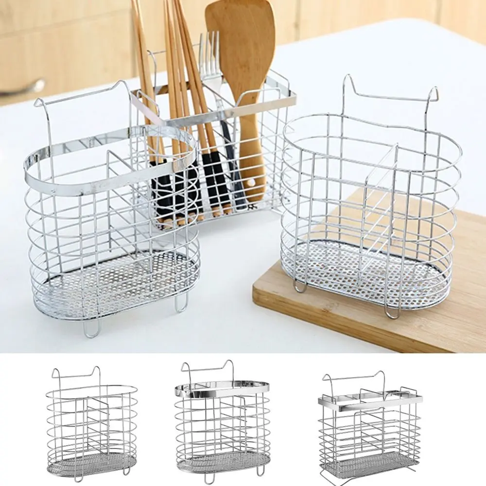 Metal Stainless Steel Chopsticks Cage Internal Compartment Rectangular Tableware Tube Draining Wall Mounted Cutlery Holder