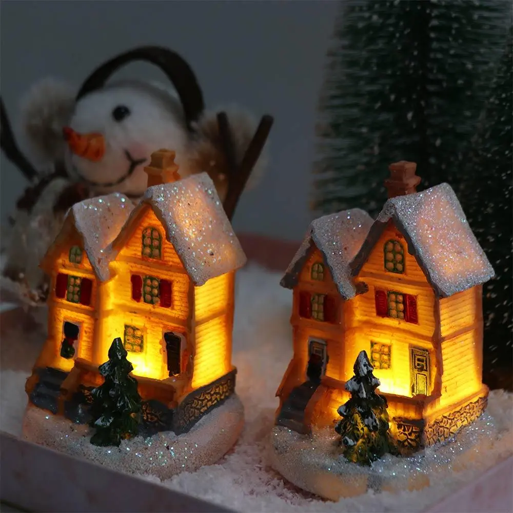 Luminous Christmas Snow House Glowing Cabin Festival Ornament LED Lighted Houses Winter Snow Miniature Model