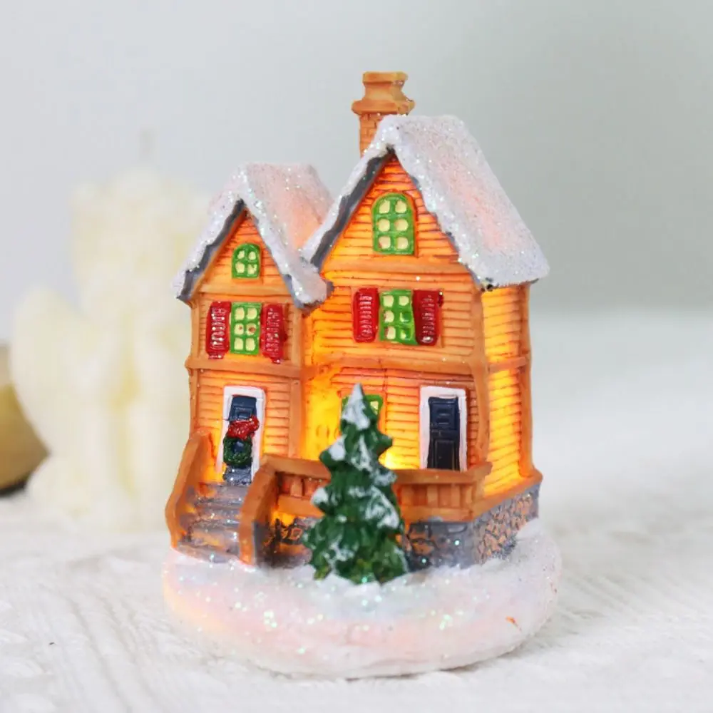 Luminous Christmas Snow House Glowing Cabin Festival Ornament LED Lighted Houses Winter Snow Miniature Model