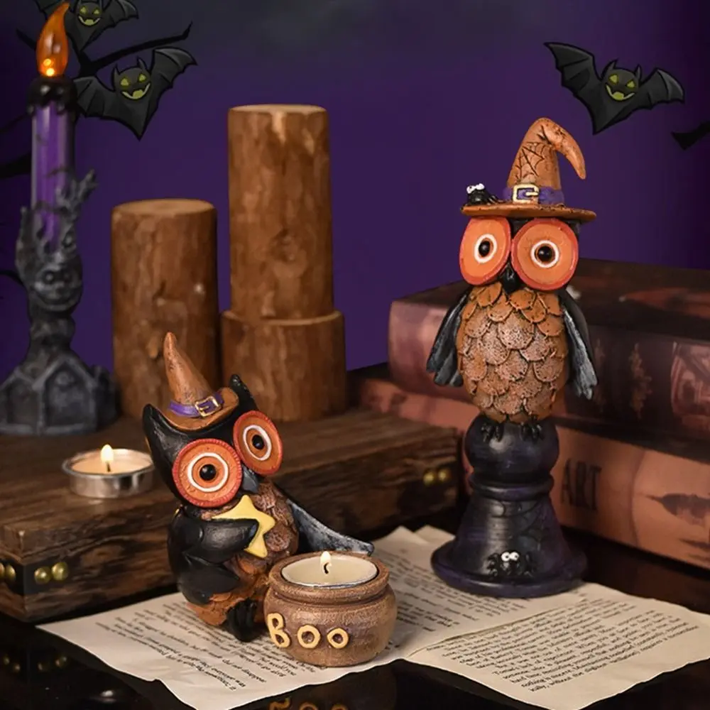 Unique Resin Gothic Owl Statue Decorative Cartoon Gothic Owl Candle Holder Cute Owl Candlestick Ornaments Ghost Holiday