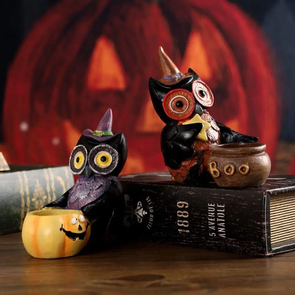 Unique Resin Gothic Owl Statue Decorative Cartoon Gothic Owl Candle Holder Cute Owl Candlestick Ornaments Ghost Holiday