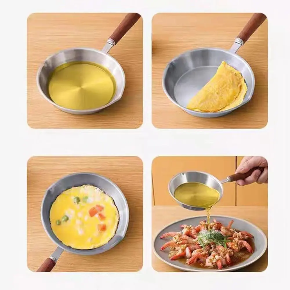 Easy To Clean Flat Bottom 304 Stainless Steel Frying Pan Wooden Handle Nonstick Cooking Pan Small 12/16cm Omelette Pan Chef