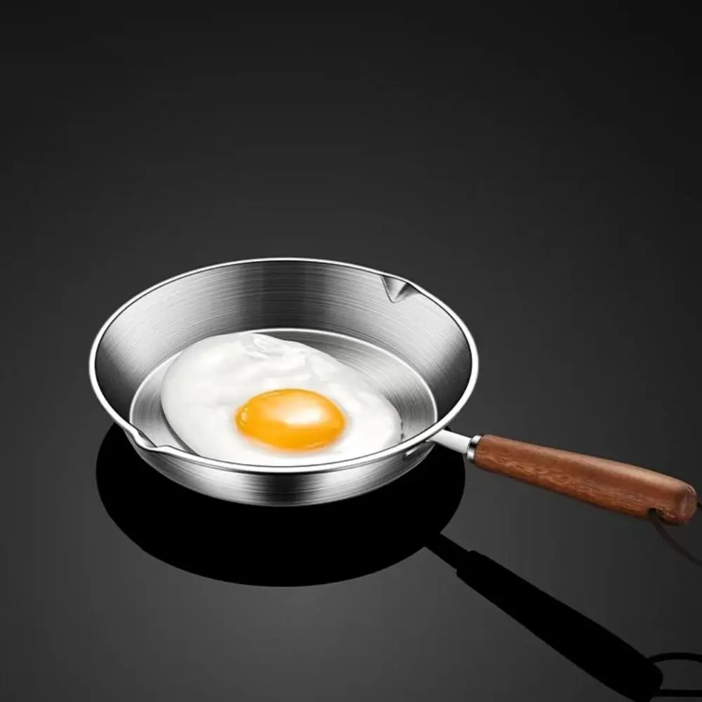 Easy To Clean Flat Bottom 304 Stainless Steel Frying Pan Wooden Handle Nonstick Cooking Pan Small 12/16cm Omelette Pan Chef