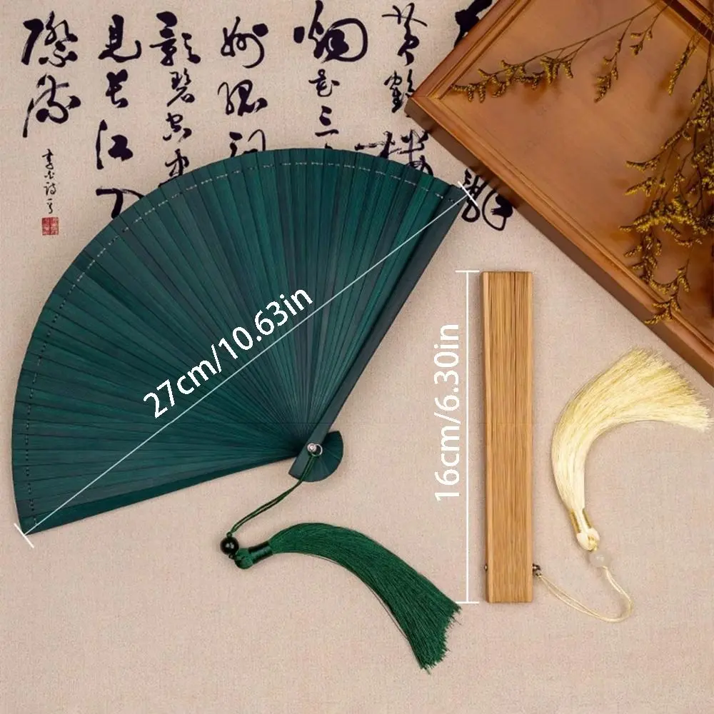 Chinese Style Solid Color Bamboo Fan Exquisite Portable Tassel Folding Fan with Random Tassel Retro Kimono Fan Lady Dance Props