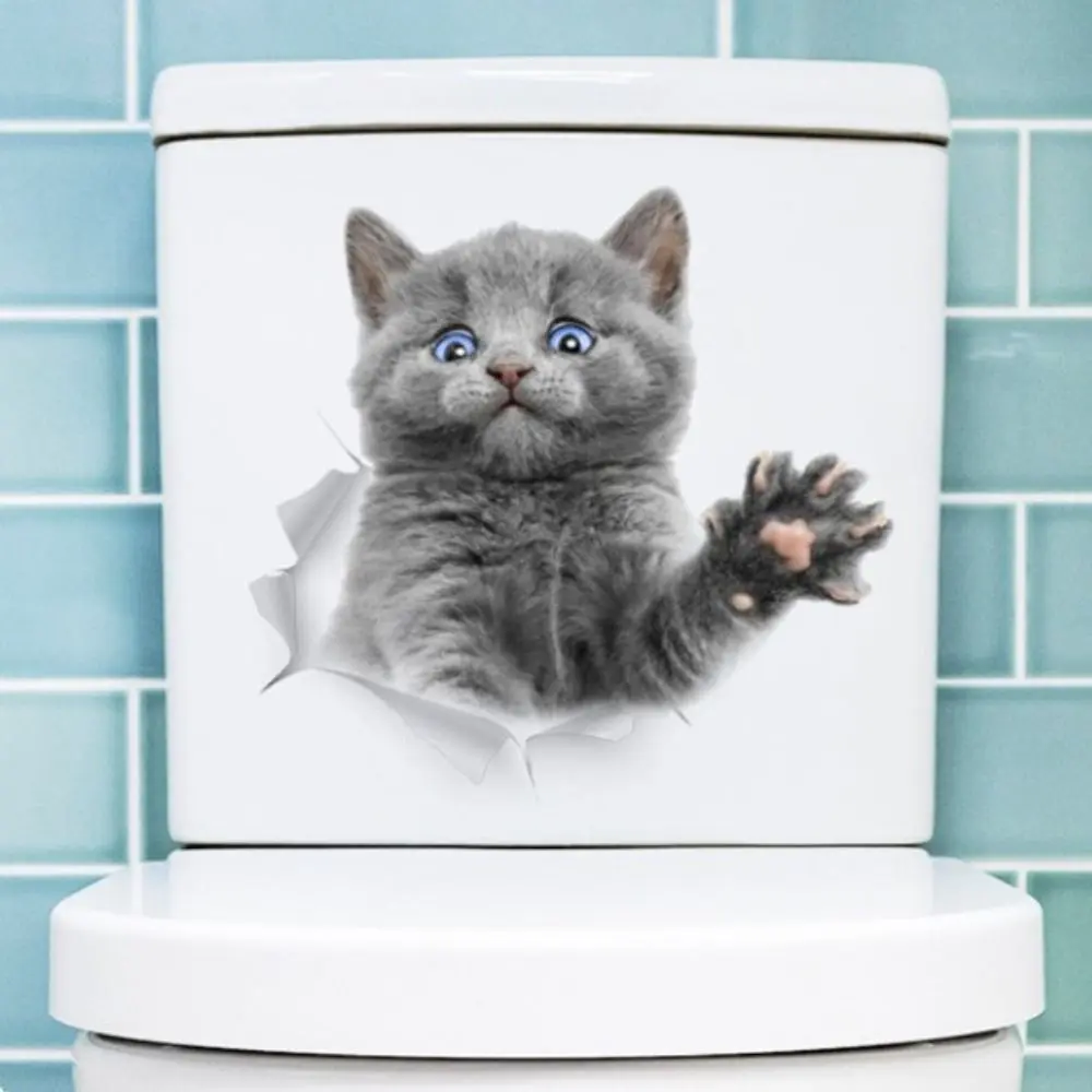 Funny DIY Cat Toilet Sticker Cute Waterproof Cat Wall Decal Self-adhesive 3D Toilet Seat Decal Bathroom