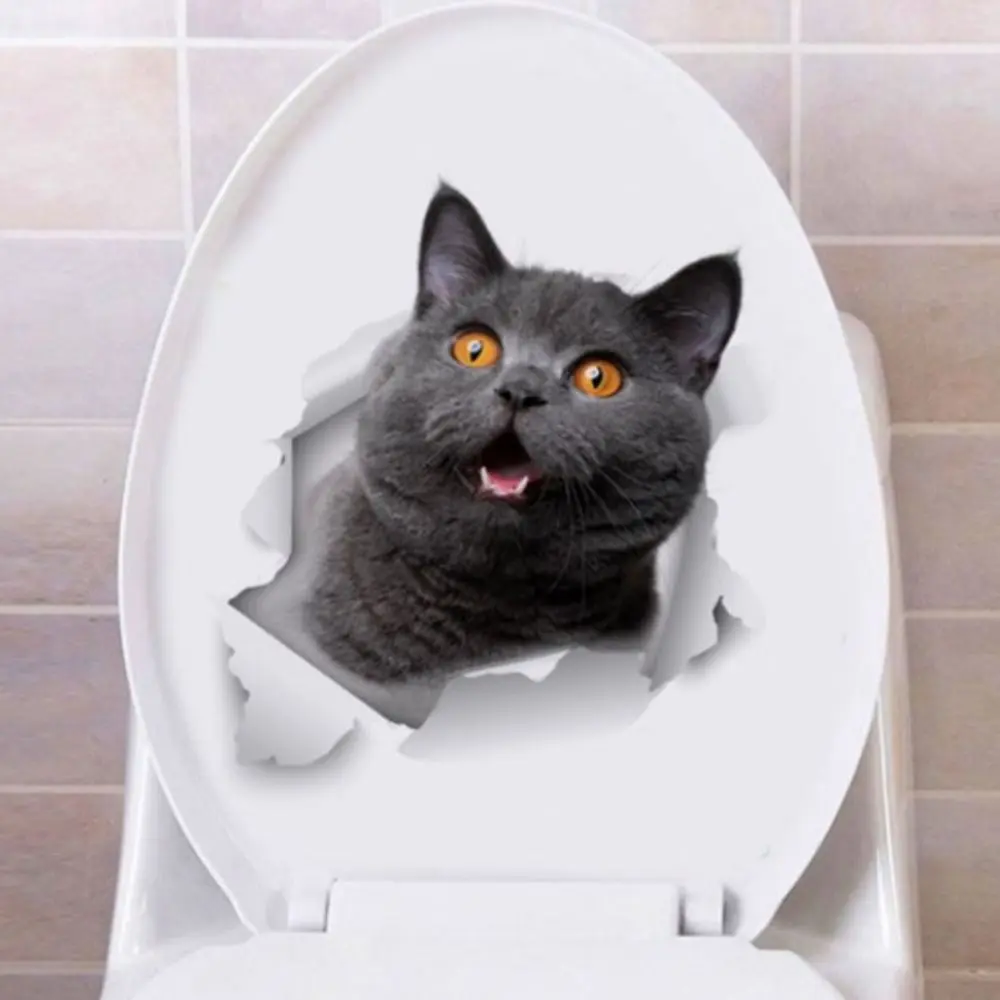 Funny DIY Cat Toilet Sticker Cute Waterproof Cat Wall Decal Self-adhesive 3D Toilet Seat Decal Bathroom