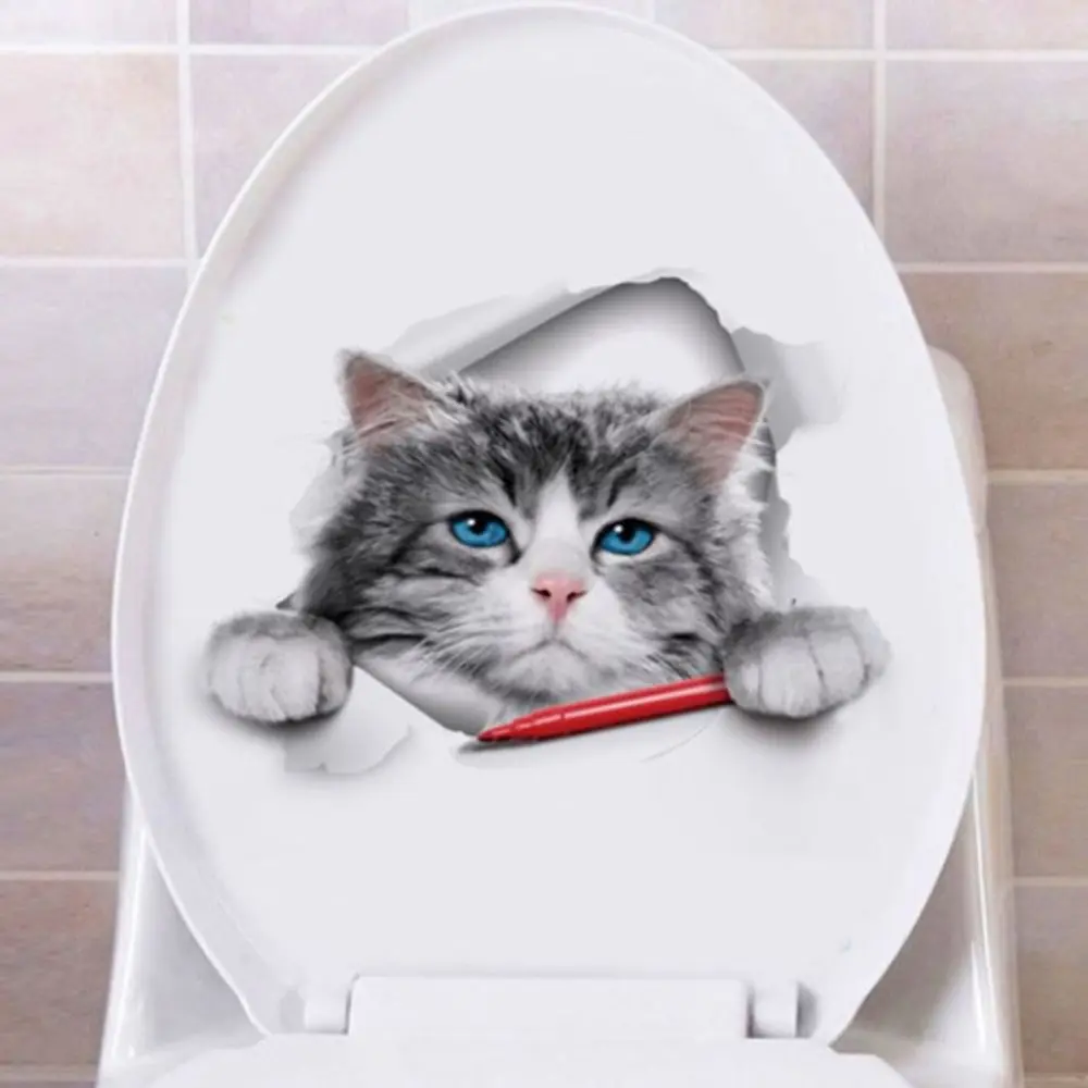 Funny DIY Cat Toilet Sticker Cute Waterproof Cat Wall Decal Self-adhesive 3D Toilet Seat Decal Bathroom