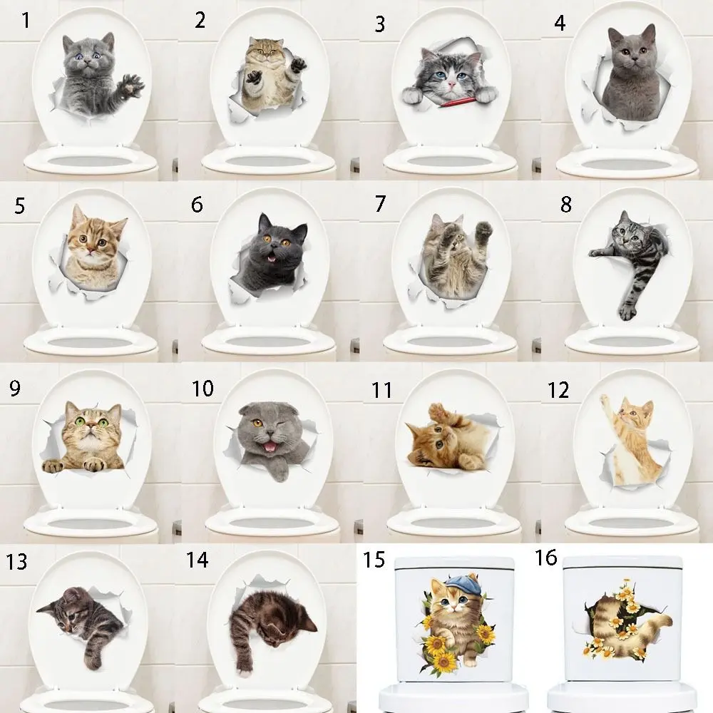 Funny DIY Cat Toilet Sticker Cute Waterproof Cat Wall Decal Self-adhesive 3D Toilet Seat Decal Bathroom