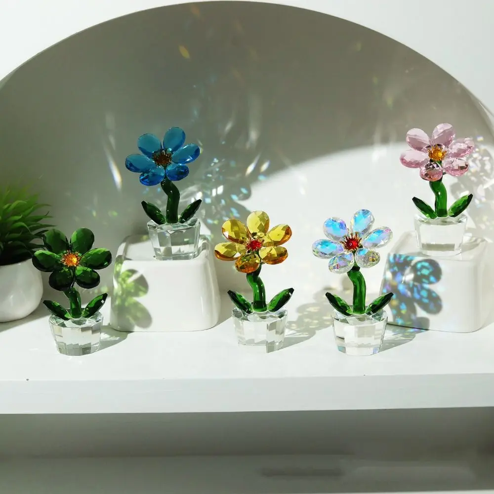 Handcraft Mini Crystal Flower Figurine Reflect Clear Base Crystal Sunflower Ornament Sparkle Durable Simulation Plants Statue