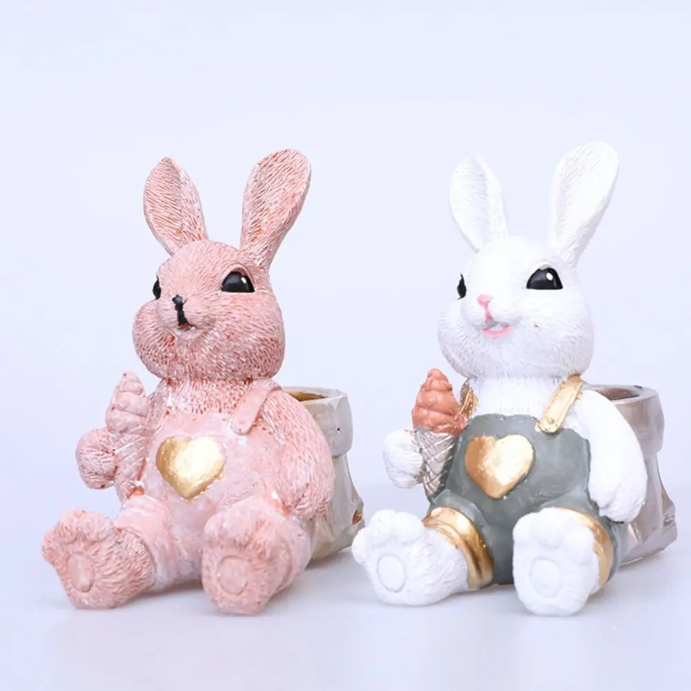 Bunny Statues Cute Easter Bunny Figurine Resin Crafts Festival Rabbit Desktop Ornament Lifelike Animal Sculpture Easter Gift