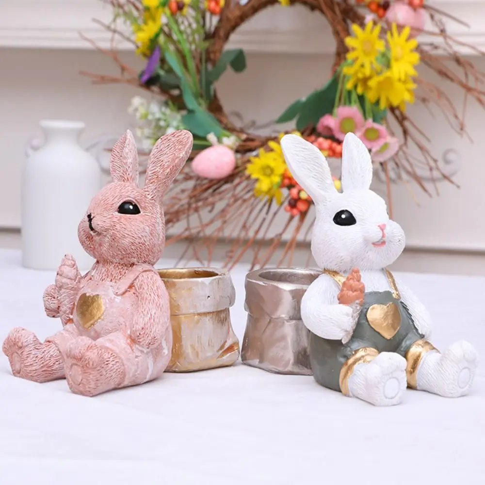 Bunny Statues Cute Easter Bunny Figurine Resin Crafts Festival Rabbit Desktop Ornament Lifelike Animal Sculpture Easter Gift