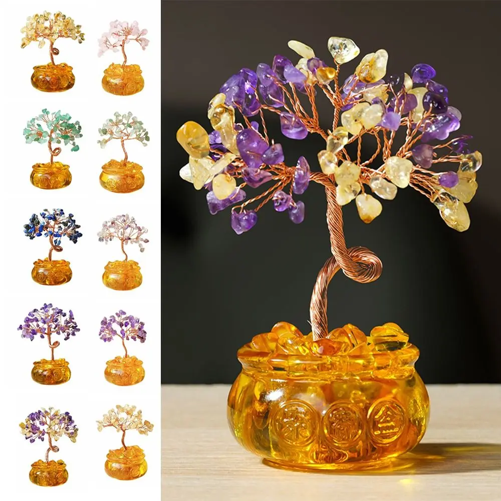 Creative Natural Crystal Tree Copper Wire with Base Fortune Tree Figurine Handmade Spiritual Crystal Decorative Tree