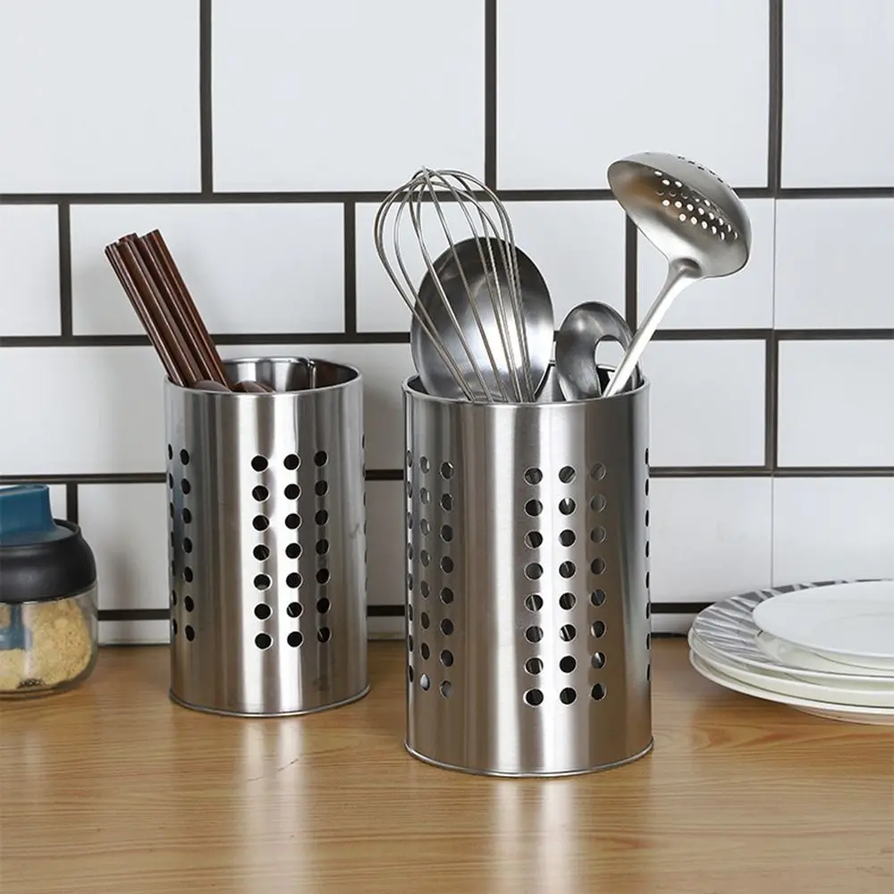 Practical Silver Stainless Steel Chopsticks Cage Round Hollowed Chopstick Basket Hanging Draining Tableware Storage Tube Kitchen