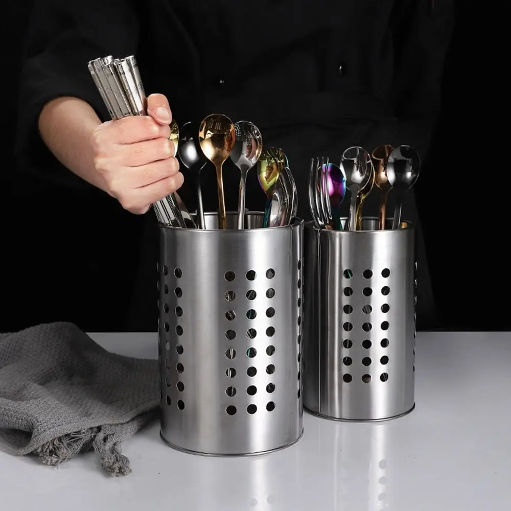 Practical Silver Stainless Steel Chopsticks Cage Round Hollowed Chopstick Basket Hanging Draining Tableware Storage Tube Kitchen