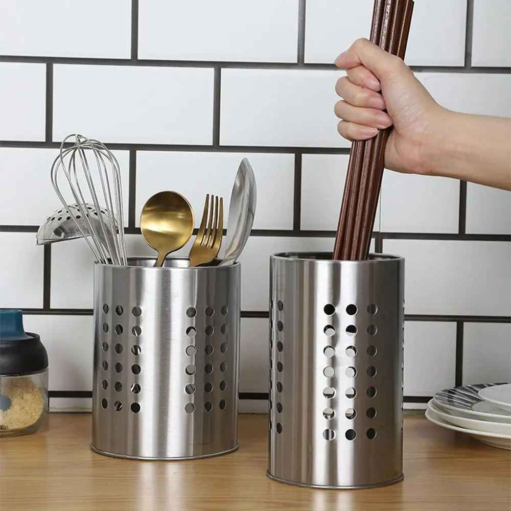 Practical Silver Stainless Steel Chopsticks Cage Round Hollowed Chopstick Basket Hanging Draining Tableware Storage Tube Kitchen