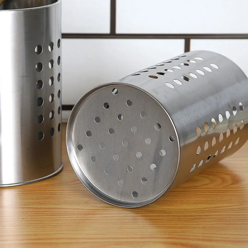Practical Silver Stainless Steel Chopsticks Cage Round Hollowed Chopstick Basket Hanging Draining Tableware Storage Tube Kitchen