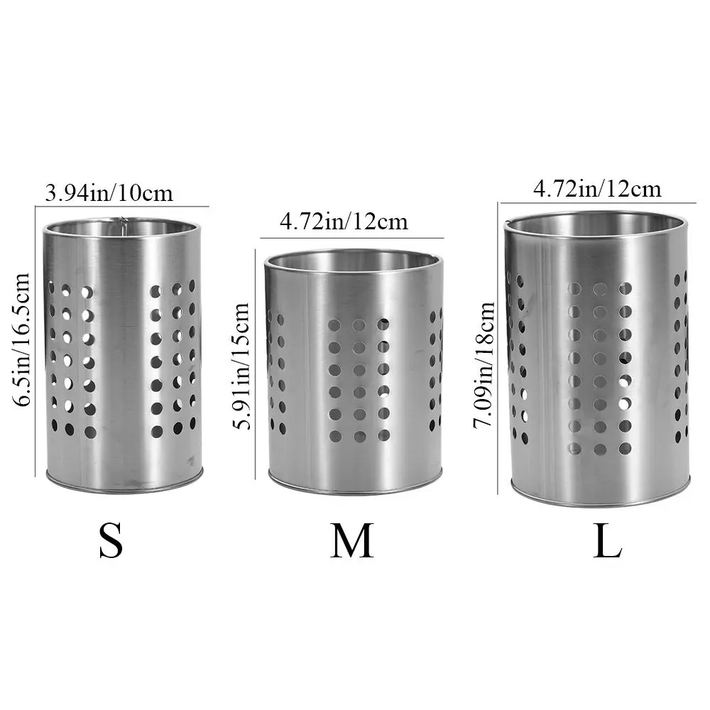Practical Silver Stainless Steel Chopsticks Cage Round Hollowed Chopstick Basket Hanging Draining Tableware Storage Tube Kitchen