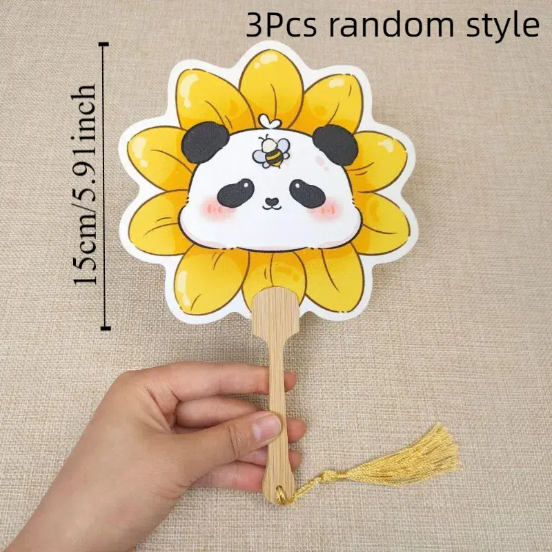3Pcs Cute Panda Hand Fan Handmade Art Craft Summer Cooling Fan Portable with Tassel Cartoon Paper Hand Fan Wedding Party Gifts