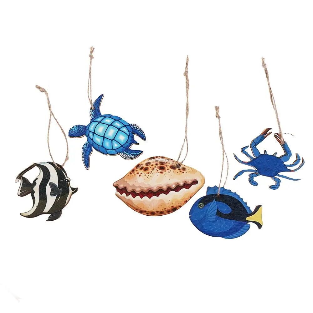 24pcs Wooden Ocean Animal Hanging Ornament Turtle Seahorse Starfish Seashell Ocean Themed Pendant Ocean Theme DIY Sea Life Decor
