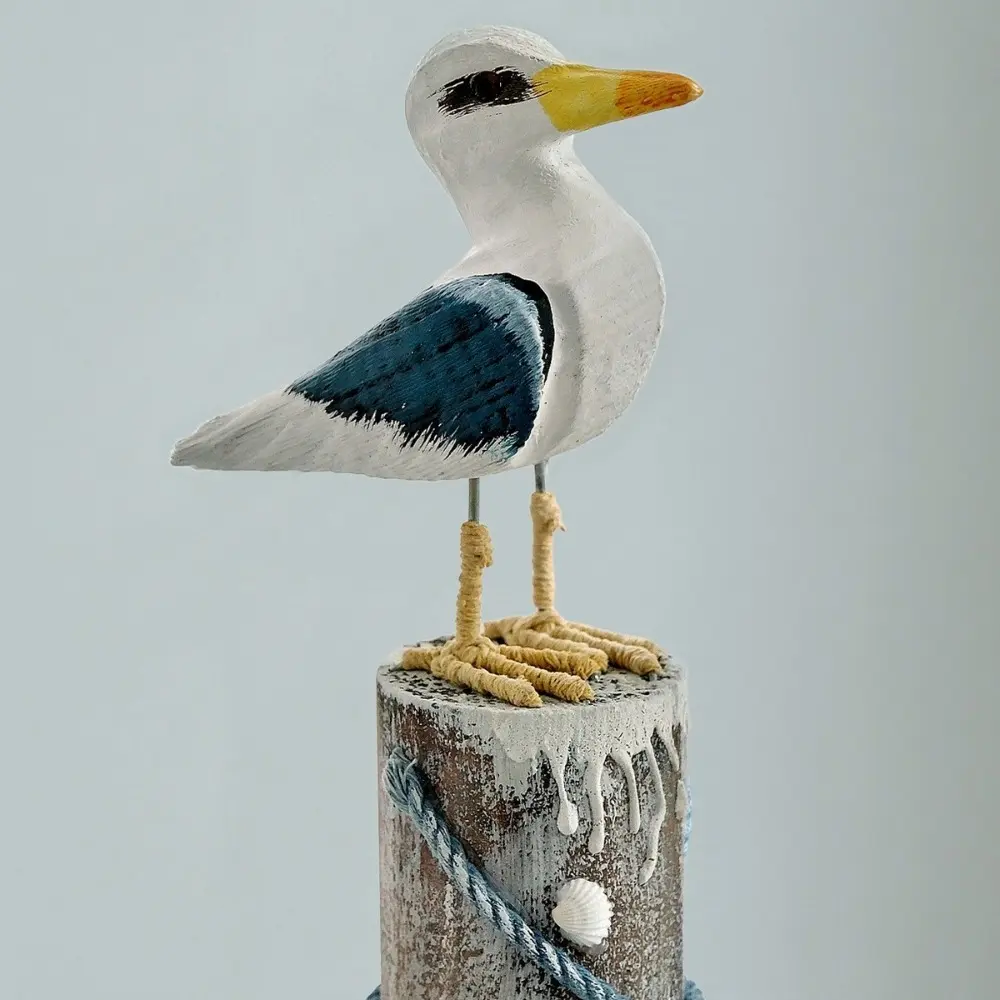 Durable Mediterranean Style Wooden Seagull Craft Vintage Handmade Seabird Ornament Seaside Theme Seagull Model Coffee Table