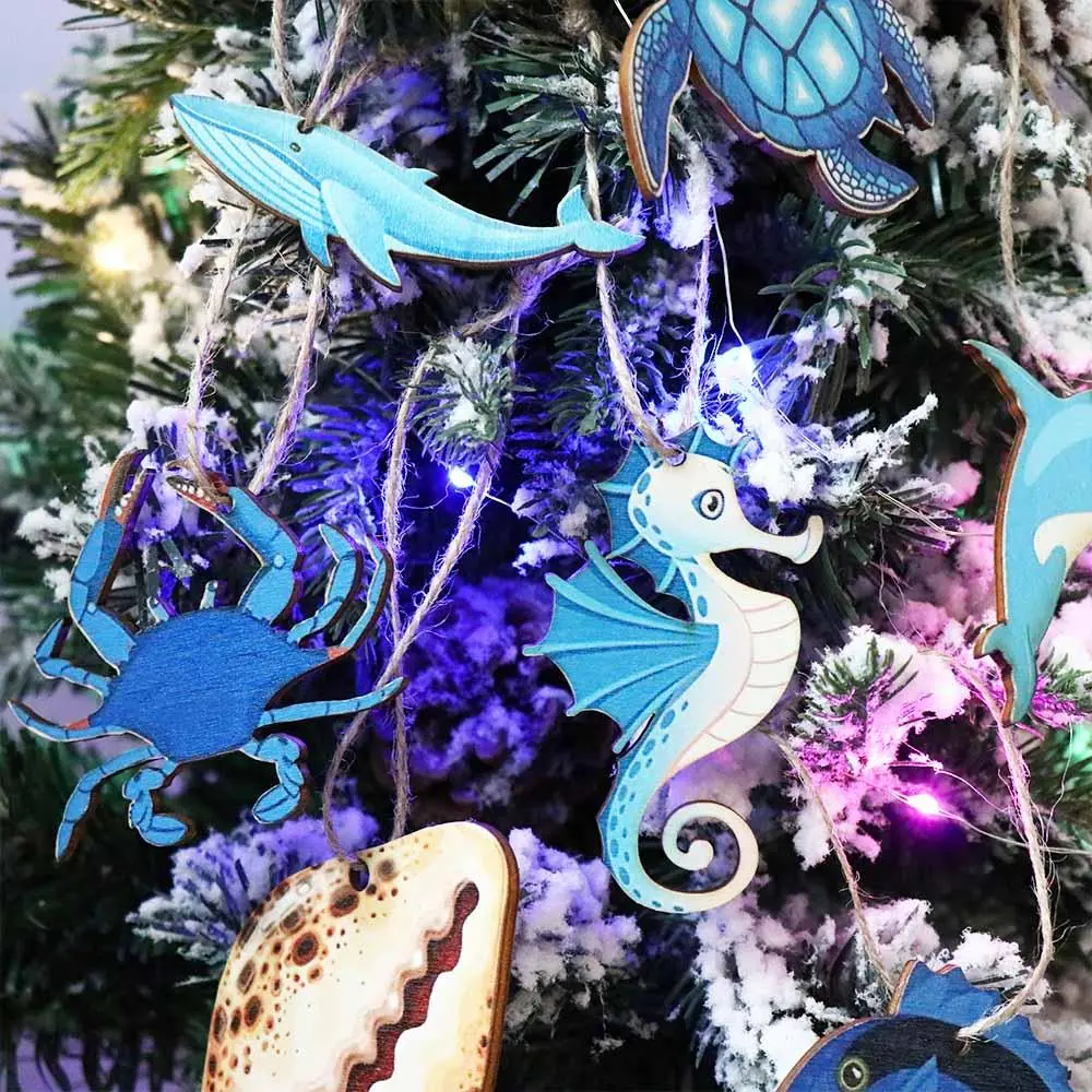 24pcs Wooden Ocean Animal Hanging Ornament Turtle Seahorse Starfish Seashell Ocean Themed Pendant Ocean Theme DIY Sea Life Decor