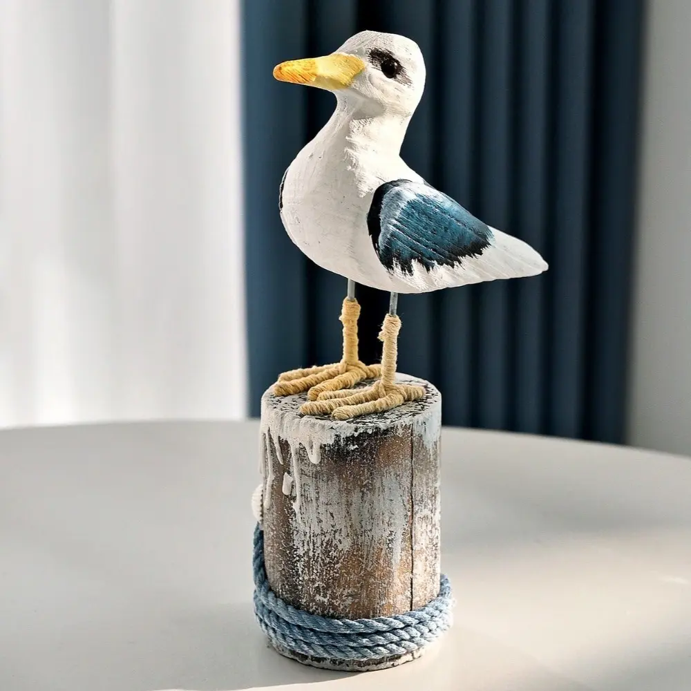 Durable Mediterranean Style Wooden Seagull Craft Vintage Handmade Seabird Ornament Seaside Theme Seagull Model Coffee Table