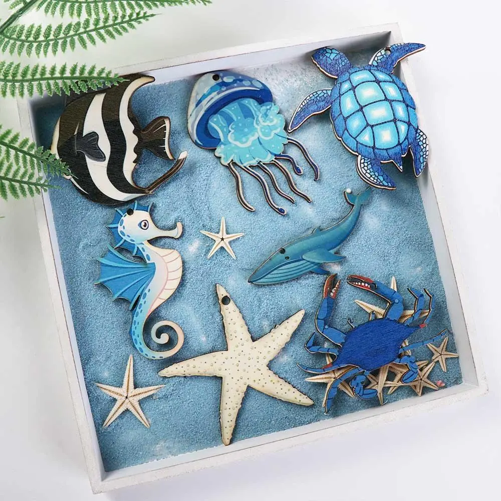 24pcs Wooden Ocean Animal Hanging Ornament Turtle Seahorse Starfish Seashell Ocean Themed Pendant Ocean Theme DIY Sea Life Decor