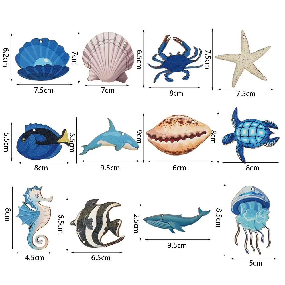 24pcs Wooden Ocean Animal Hanging Ornament Turtle Seahorse Starfish Seashell Ocean Themed Pendant Ocean Theme DIY Sea Life Decor