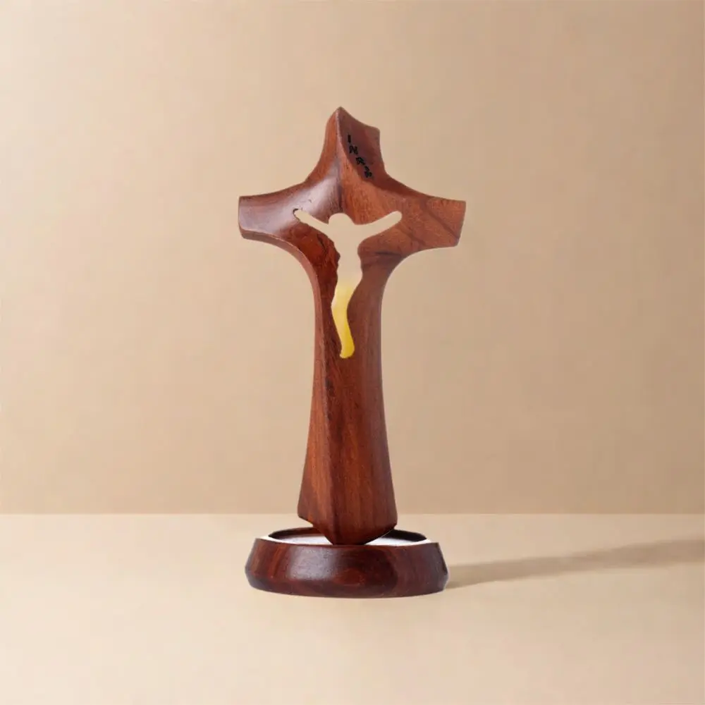 Art Wooden Hollow Cross Natural Detachable Religious Crosses Ornament with Base Vintage Crucifix Sculpture Home