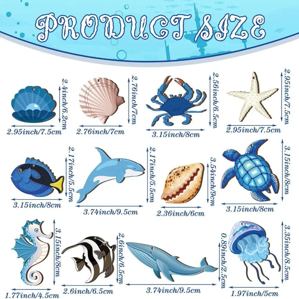 24pcs Wooden Ocean Animal Hanging Ornament Turtle Seahorse Starfish Seashell Ocean Themed Pendant Ocean Theme DIY Sea Life Decor