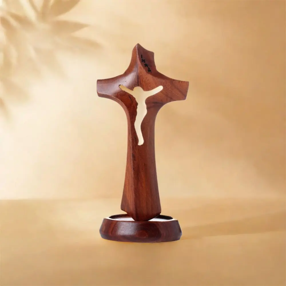 Art Wooden Hollow Cross Natural Detachable Religious Crosses Ornament with Base Vintage Crucifix Sculpture Home