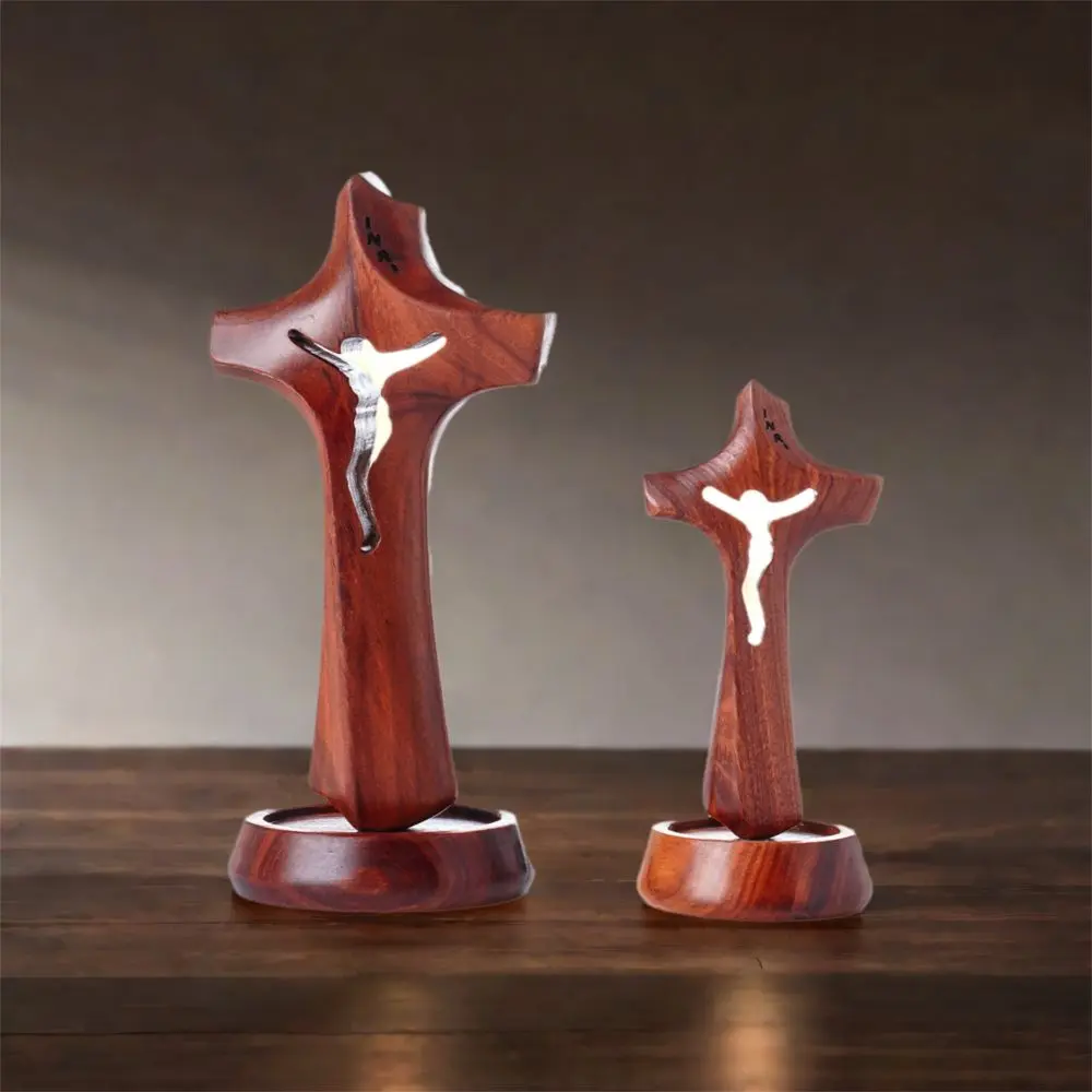 Art Wooden Hollow Cross Natural Detachable Religious Crosses Ornament with Base Vintage Crucifix Sculpture Home