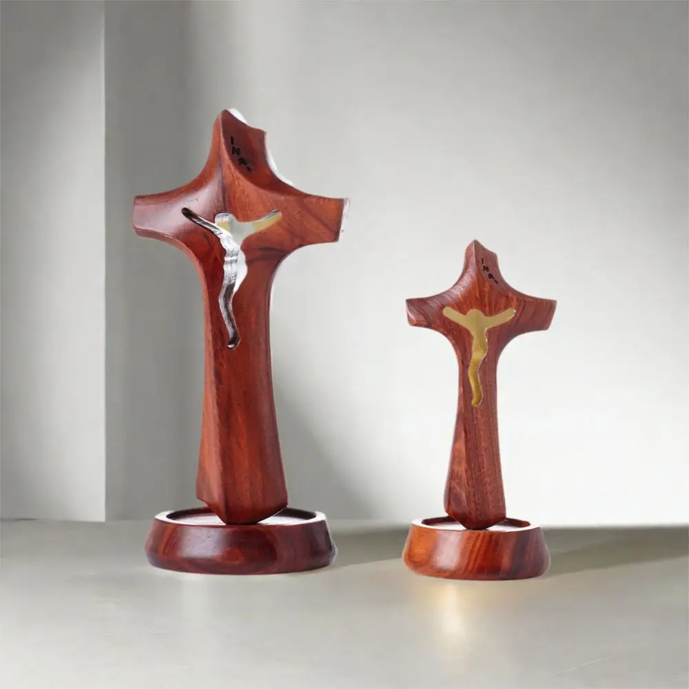 Art Wooden Hollow Cross Natural Detachable Religious Crosses Ornament with Base Vintage Crucifix Sculpture Home