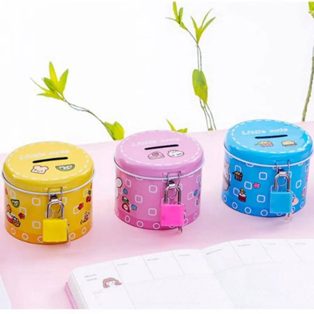 Rust-proof With Iron Lock Cartoon Piggy Bank Cute Small Cylinder Saving Box Cylinder Shape Metal Piggy Bank Graduation Gift