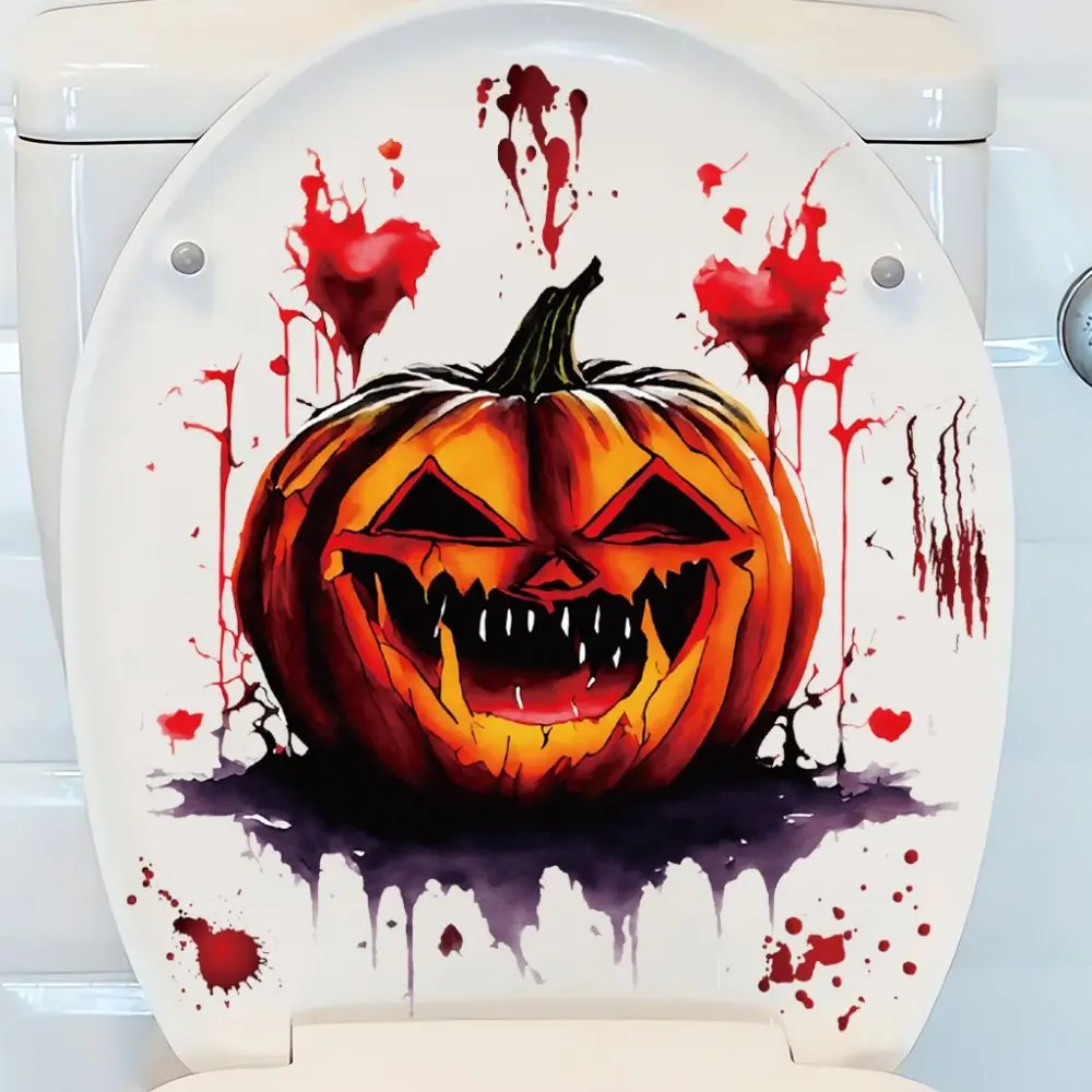 Easy to Paste Waterproof Pumpkin Fangs Wall Stickers DIY Self-adhesive Bloody Pumpkin Decal PVC Halloween Toilet Stickers Toilet