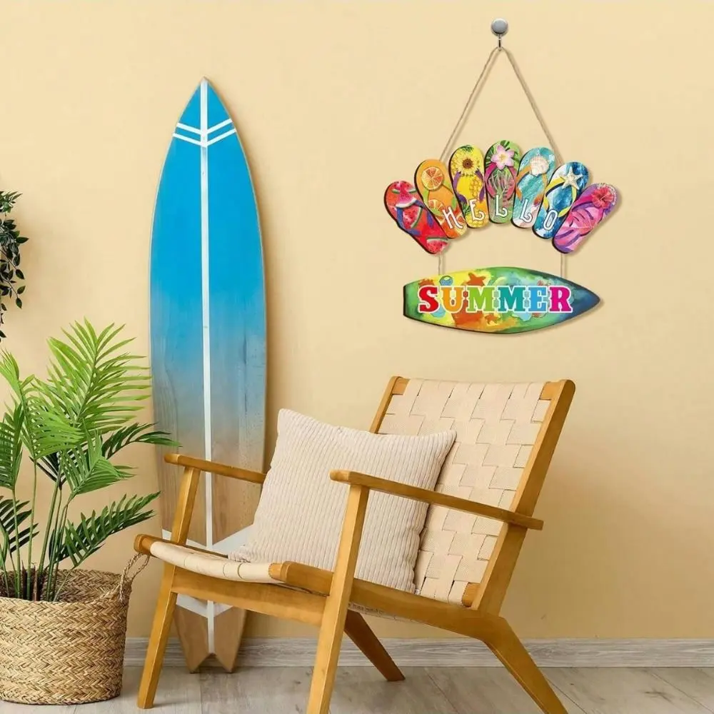 Colorful Hello Summer Wall Ornaments Funny Beach Summer Slippers Hanging Signs Wall Art Wooden Slippers Decoration