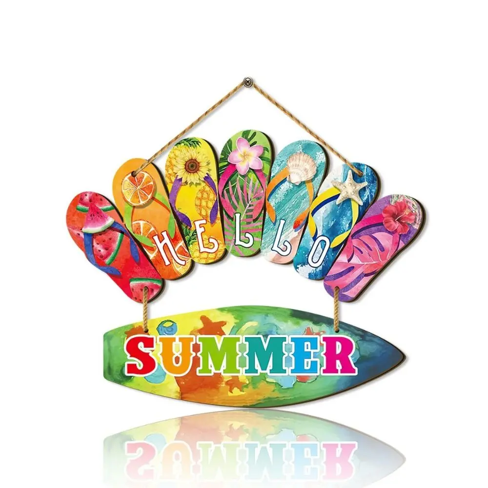 Colorful Hello Summer Wall Ornaments Funny Beach Summer Slippers Hanging Signs Wall Art Wooden Slippers Decoration