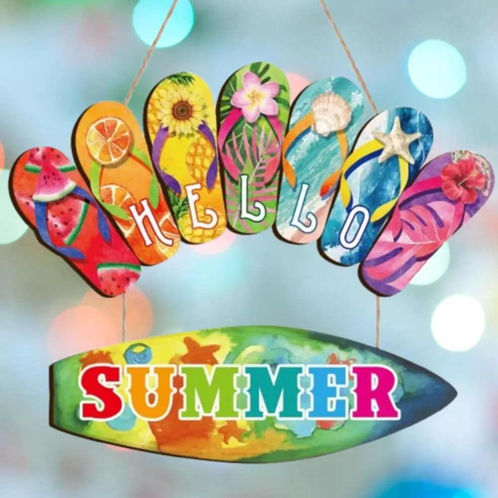 Colorful Hello Summer Wall Ornaments Funny Beach Summer Slippers Hanging Signs Wall Art Wooden Slippers Decoration
