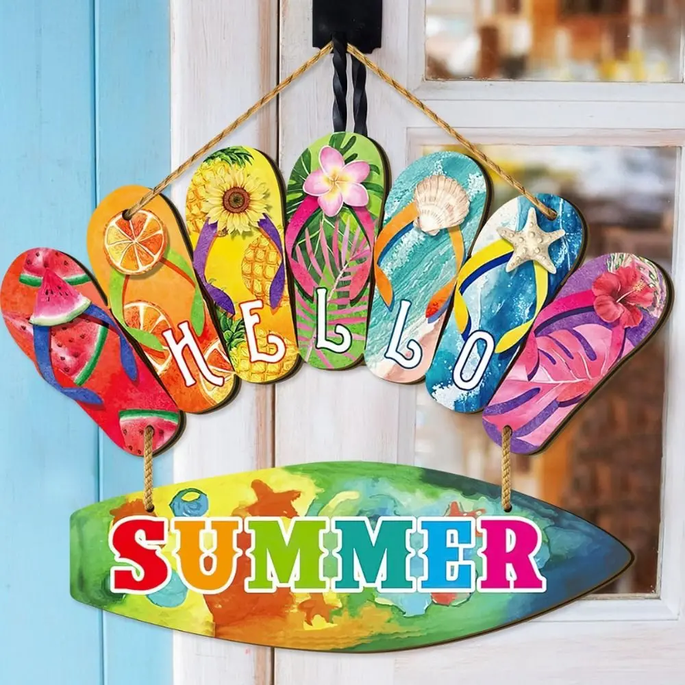 Colorful Hello Summer Wall Ornaments Funny Beach Summer Slippers Hanging Signs Wall Art Wooden Slippers Decoration