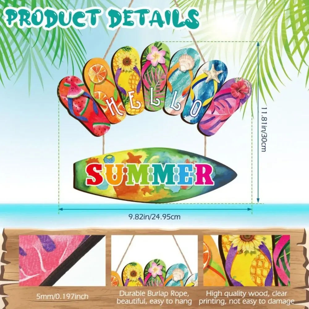 Colorful Hello Summer Wall Ornaments Funny Beach Summer Slippers Hanging Signs Wall Art Wooden Slippers Decoration