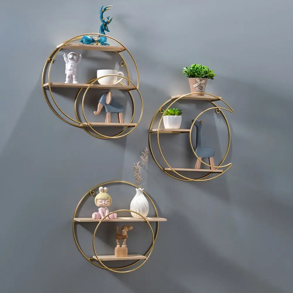 Modern Iron Decorative Wall Shelf Nordic Style Gold Wall Storage Rack Space Saving No Punching Wall Decoration Restaurant