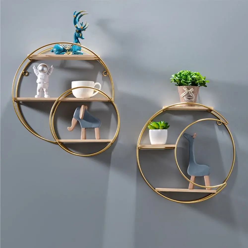 Modern Iron Decorative Wall Shelf Nordic Style Gold Wall Storage Rack Space Saving No Punching Wall Decoration Restaurant