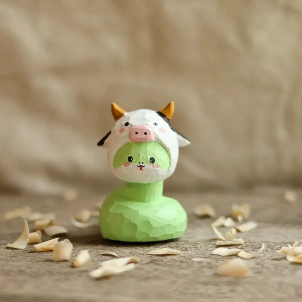 Cute Wood Carving Snake Figurine Chinese Style Blessing New Year Lucky Snake Figurine Handmade 2025 Snake Year Mascot