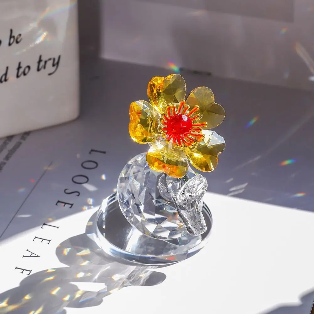 Handcraft Crystal Flower Statue Clear Base Rose Tulip Mini Glass Flower Sculpture Shiny High Transparence