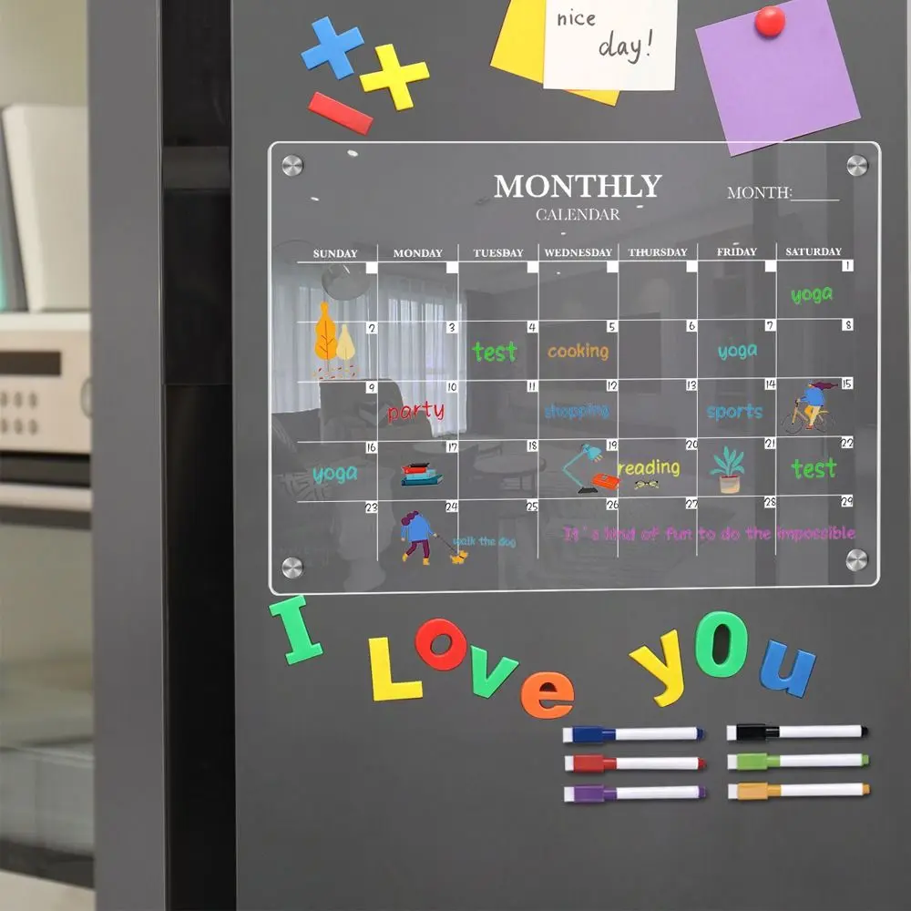 Erasable 6 Markers Acrylic Erase Boards Magnetic Clear Magnetic Fridge Calendar Hanging Reusable Planning Note Board Office