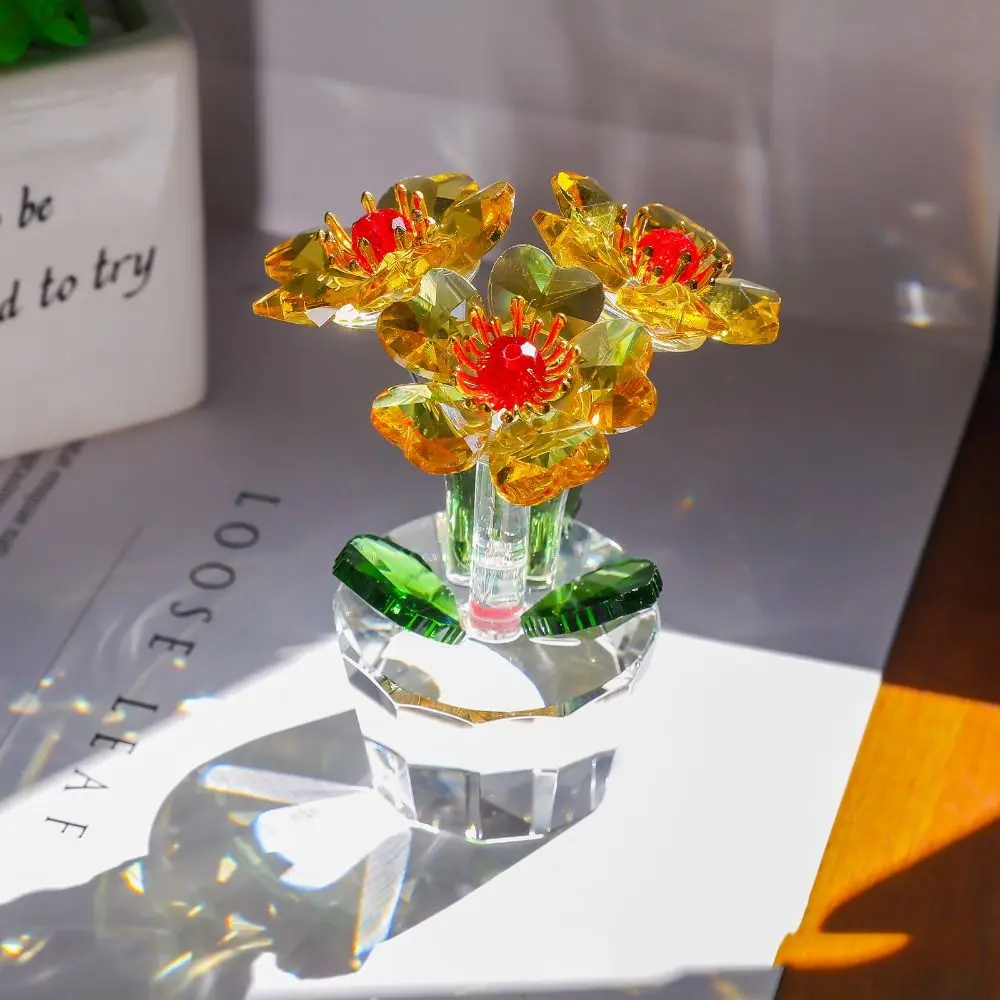 Handcraft Crystal Flower Statue Clear Base Rose Tulip Mini Glass Flower Sculpture Shiny High Transparence