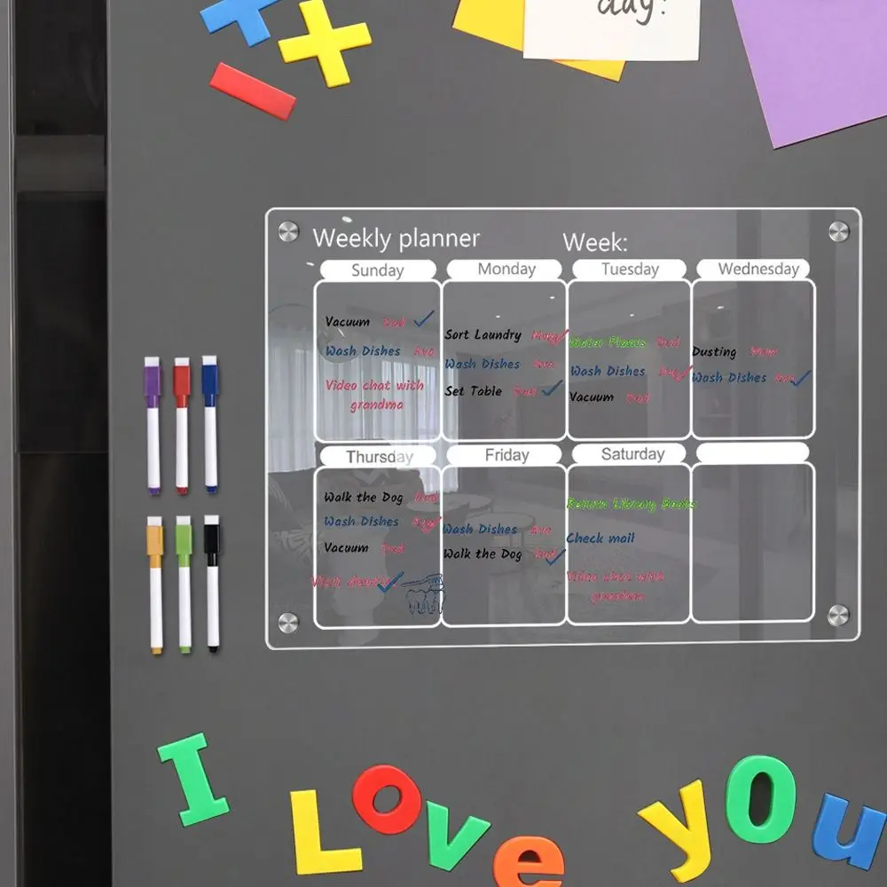 Erasable 6 Markers Acrylic Erase Boards Magnetic Clear Magnetic Fridge Calendar Hanging Reusable Planning Note Board Office